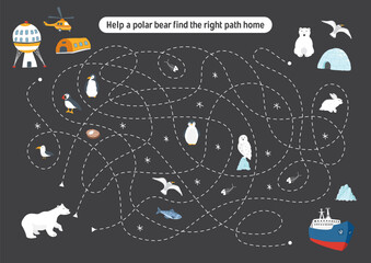 Labyrinth, Maze game for children. Logical puzzle for kids. Quest to find the right path for a Polar bear to his home. Vector illustration.