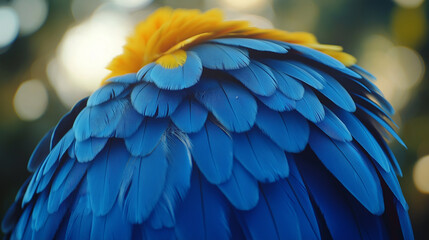 Obraz premium Close up of vibrant blue and yellow macaw feathers. Nature's artistry, tropical bird, exotic plumage.