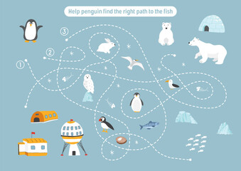 Obraz premium Labyrinth, Maze game for children. Logical puzzle for kids. Quest to find the right path for a penguin to catch a fish. Vector illustration