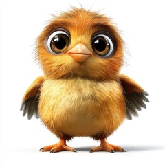 Fototapeta premium A cute cartoon kiwi character with large expressive eyes, a round body, and small wings, standing on a white background with a happy and playful expression.