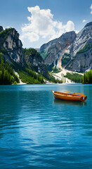 Obraz premium Wooden rowboat on a turquoise mountain lake with majestic cliffs and a blue sky.