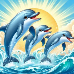 Joyful Dolphins Dolphins with happy faces leaping out of the wat