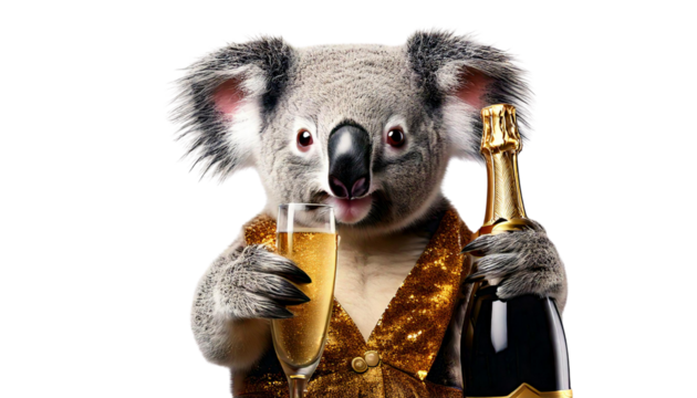 A Dapper Koala Celebrates with Champagne: A Hilarious and Festive Image of a Koala Bear in a Golden Jacket Enjoying a Toast