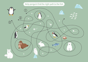 Labyrinth, Maze game for children. Logical puzzle for kids. Quest to find the right path for a penguin to catch a fish. Vector illustration