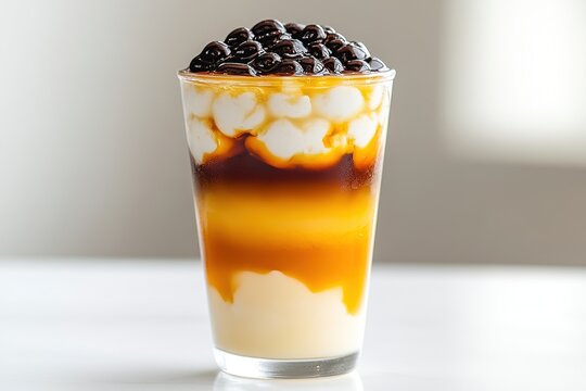 A glass of taho with layers of silken tofu, arnibal syrup, and sago pearls.