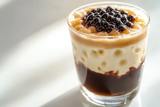 A glass of taho with layers of silken tofu, arnibal syrup, and sago pearls.
