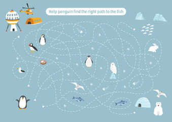 Labyrinth, Maze game for children. Logical puzzle for kids. Quest to find the right path for a penguin to catch a fish. Vector illustration