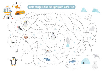 Labyrinth, Maze game for children. Logical puzzle for kids. Quest to find the right path for a penguin to catch a fish. Vector illustration