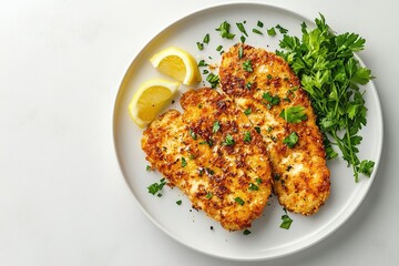  A golden-brown schnitzel served on a white plate, garnished with lemon wedges and parsley.