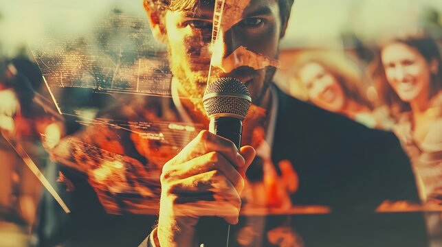 man holding a microphone, his face overlaid with images of an engaged audience, representing communication tips for connecting with listeners in professional environments. [men's]:[communication 