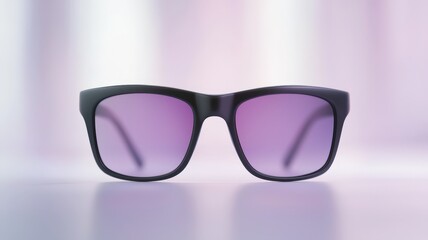 mockup and branding concept. Stylish black sunglasses with purple lenses against a soft gradient background.
