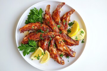  A golden-brown schnitzel served on a white plate, garnished with lemon wedges and parsley.