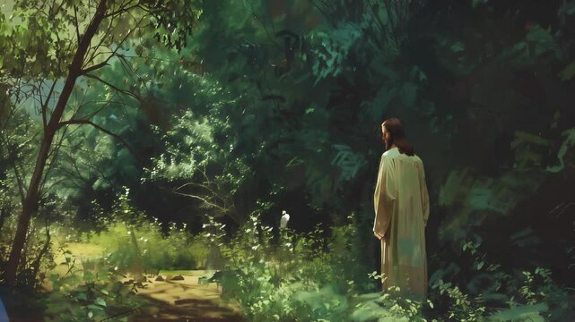 A textured oil painting of Jesus in the Garden of Gethsemane, with rich tones of ocher and burnt umber.