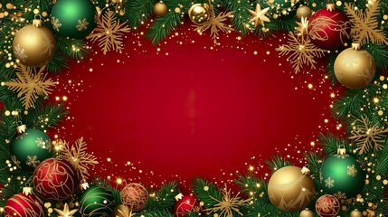 Vibrant red Christmas background bordered by pine branches, holly leaves, gold ornaments, and poinsettias, perfect for holiday-themed designs on red background