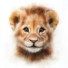 The watercolor portrait depicts a cute baby lion with soft, fluffy fur, big round eyes, and a playful expression on its face