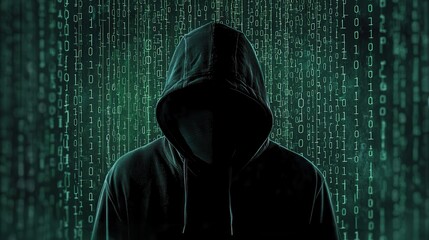 Mysterious figure in a hoodie against a digital backdrop filled with green binary code, representing themes of cybersecurity, hacking, and digital anonymity in technology.