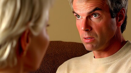 of a man's facial expressions during a conversation, integrated with an image of emotional intelligence and empathy. | [men's]:[communication skills] 