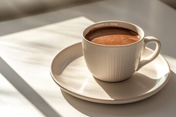 Obraz premium Morning coffee cup on plate in sunlight with shadows