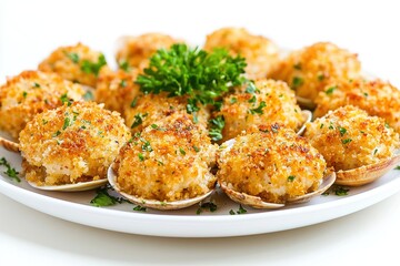 Baked stuffed clams with crispy breadcrumb topping.