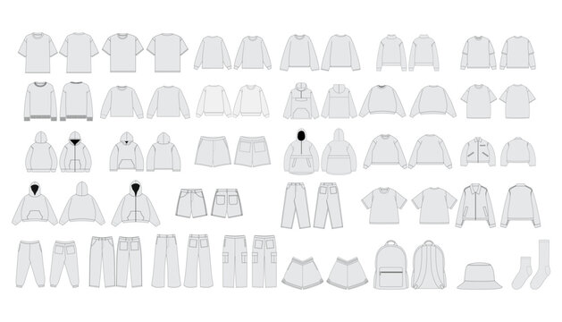 Set of Clothing Mockup Template - Apparel Vector Mockups Bundle Streetwear Tech Pack Template Streetwear Mockups Clothing Brand Fashion Techpack