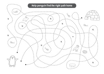 Obraz premium Labyrinth, Maze game for children. Logical puzzle for kids. Quest to find the right path for a penguin to his home. Vector illustration A4 - ready to print format