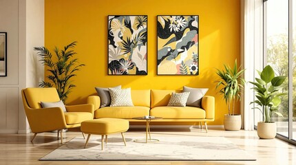 Modern luxury furniture, comfortable armchair in an elegant interior, sleek design, warm yellow-toned walls, decorative accents, cozy ambiance