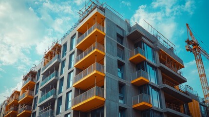 Modern residential building under construction with cranes