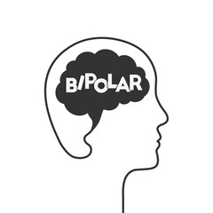 Bipolar disorder with brain and head silhouette. Mental illness and state of mind shaping the face and profile outline of a person concept.