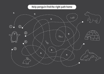 Labyrinth, Maze game for children. Logical puzzle for kids. Quest to find the right path for a penguin to his home. Vector illustration A4 - ready to print format