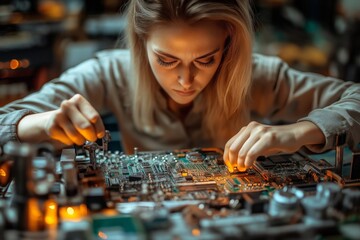 A close-up of a female engineer focused on assembling a mechanical circuit board with precision, surrounded by glowing components in a tech workshop