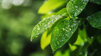 Close-up of vibrant green leaves glistening with dew drops after rain, illuminated by sunlight.