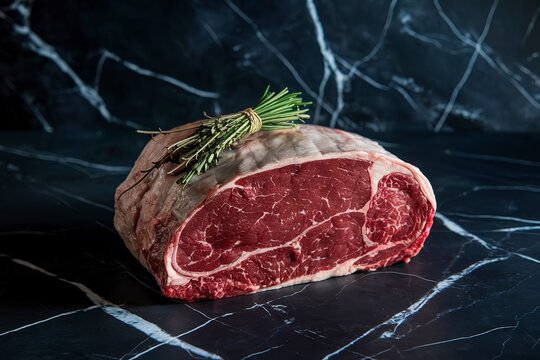 A photo of a raw silverside sirloin beef cut on a dark marble table