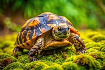 Obraz premium Hermann's Tortoise on Moss - High-Resolution Photo, Testudo hermanni, Reptile, Pet Tortoise, Shell, Nature, Wildlife, Close-up, Macro Photography, Deep Depth of Field