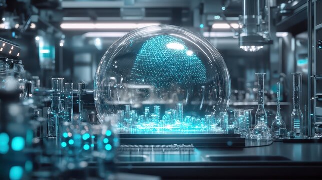 Futuristic Laboratory with Glass Dome Containing Digital Data Representation and Scientific Equipment
