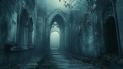 A Foggy Path Through Ancient Ruins Of A Gothic Abbey