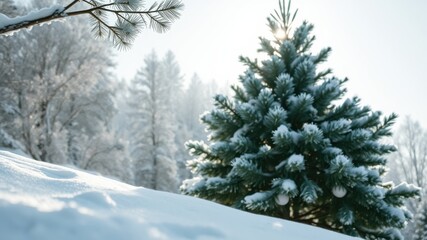 Winter wonderland scene featuring a snow-covered evergreen tree in a snowy forest