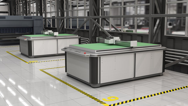 Production workshop with industrial cutting plotters and printer. 3d illustration