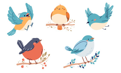 A set of flat vector illustrations in a simple children's style. Cute birds sitting on branches and flying, white background . Vector illustration