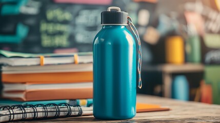 Blue water bottle on desk with school supplies.