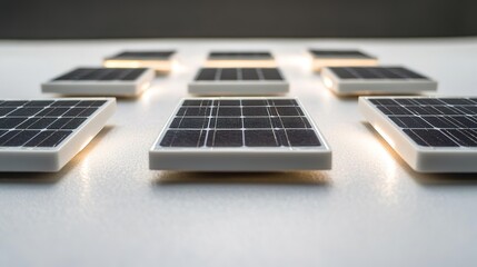 Fototapeta premium clean flat lay of miniature solar panels arranged neatly on matte white ceramic surface under soft lighting