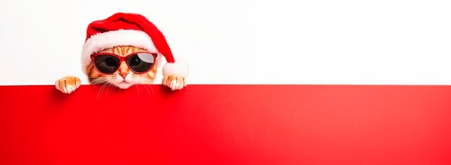 A cat wearing sunglasses and a Santa hat peeking over a red banner with copy space, against a white background. This banner is suitable for Christmas advertising design, a mockup template 