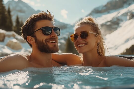 Smiling man and woman wearing sunglasses are enjoying a hot tub with a scenic mountain view in the background, creating a perfect romantic getaway - Powered by Adobe