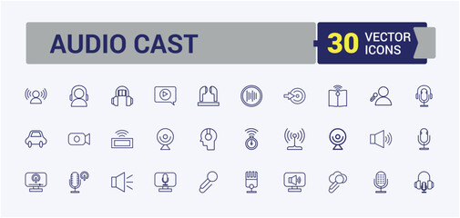 Podcast Series icon pack. Related to social, phone, talk, media, ui, head, mic and more. Collection for mobile and web apps. Editable vector icon and illustration.