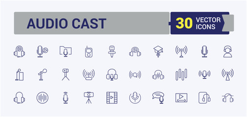 Podcast Series icon pack. Related to social, phone, talk, media, ui, head, mic and more. Collection for mobile and web apps. Editable vector icon and illustration.