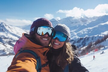 Couple wearing ski goggles, capturing a joyful selfie amidst a breathtaking snowy mountain landscape, fully embracing the excitement of their winter holiday adventure