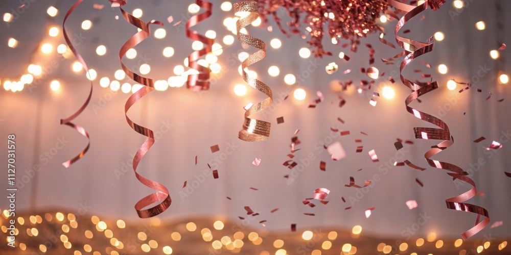 Aufkleber A Festive Backdrop of Pink and Gold Confetti and String Lights Falling in Front of a Blurred Background