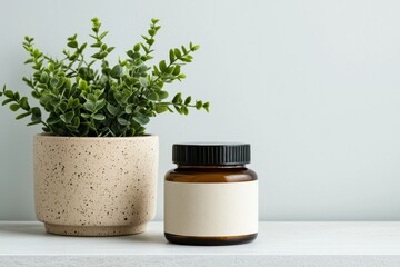 Amber supplement jar with blank label and plant promoting wellness and self-care