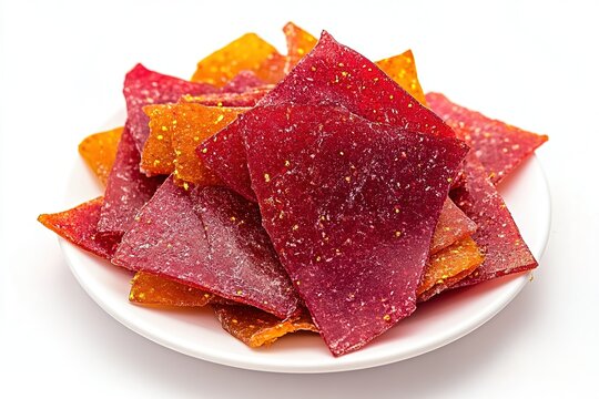 Georgian tklapi fruit leather arranged on a clean white plate, vibrant colors and rustic appearance.