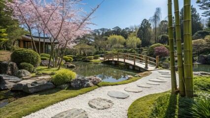 Fototapeta premium A serene Japanese garden with a wooden bridge over a tranquil pond, surrounded by lush greenery and delicate pink blossoms.