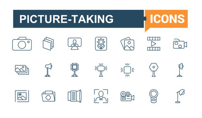 Photography icon set. It contains symbols to photographer, phone, selfie, no, photo, tripod and more. Modern thin icons. Editable vector icon and illustration.
